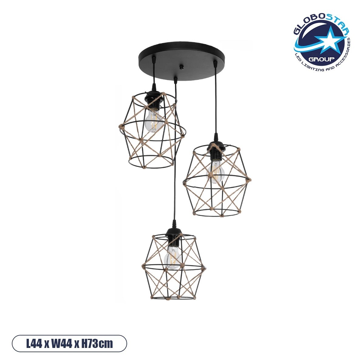 GLOBOSTAR® RAYLO 201-0048 Vintage Κρεμαστό Φωτιστικό Οροφής με Ντουί 3 x E27 AC 220-240V IP20 - Μαύρο & Μπεζ - Μ44 x Π44 x Υ73cm