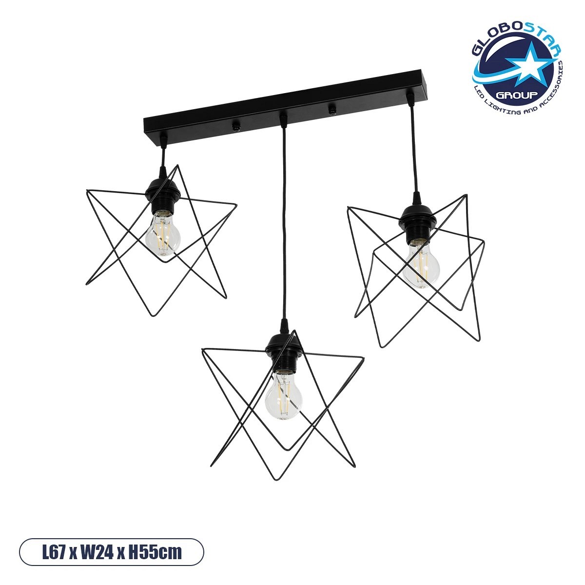 GLOBOSTAR® GLIND 201-0092 Vintage Κρεμαστό Φωτιστικό Οροφής με Ντουί 3 x E27 AC 220-240V IP20 - Μαύρο - Μ67 x Π24 x Υ55cm