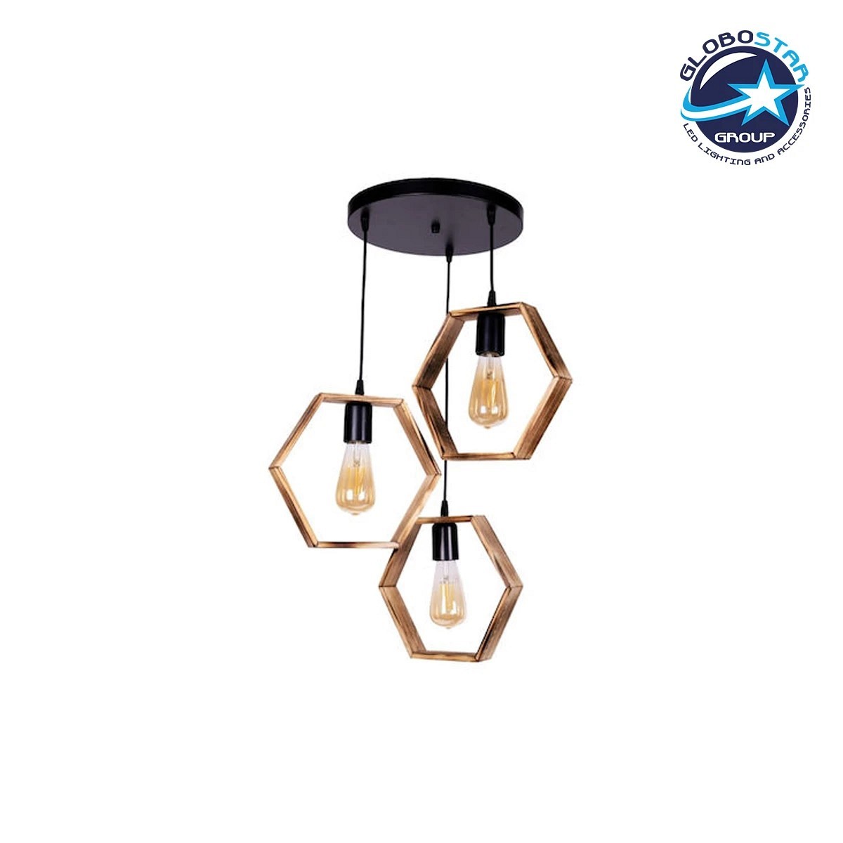GLOBOSTAR® LUSTRO 201-0105 Vintage Κρεμαστό Φωτιστικό Οροφής με Ντουί 3 x E27 AC 220-240V IP20 - Μαύρο & Καφέ - Μ45 x Π45 x Υ70cm