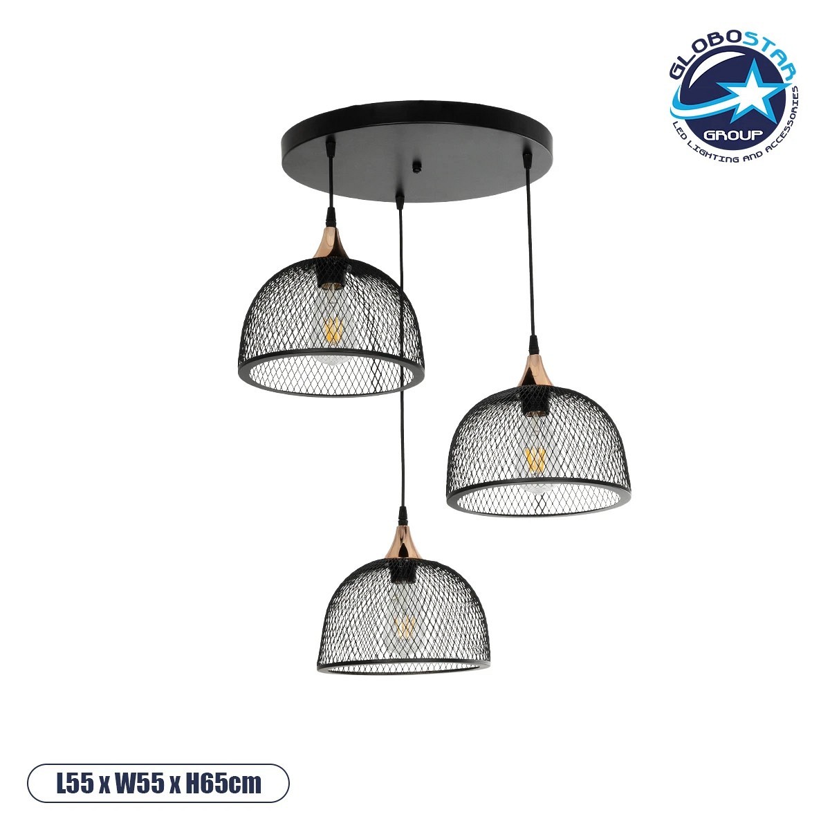 GLOBOSTAR® FLICKA 201-0113 Vintage Κρεμαστό Φωτιστικό Οροφής με Ντουί 3 x E27 AC 220-240V IP20 - Μαύρο & Χάλκινο - Μ55 x Π55 x Υ65cm