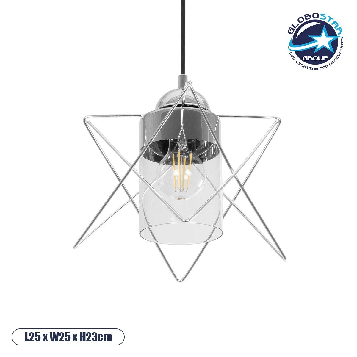 GLOBOSTAR® PLEX 202-0038 Μοντέρνο Κρεμαστό Φωτιστικό Οροφής με Ντουί 1 x E27 AC 220-240V IP20 - Ασημί & Διάφανο - Μ25 x Π25 x Υ23cm
