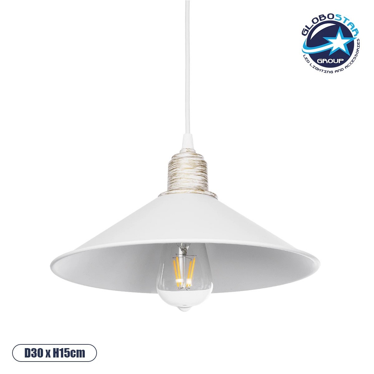 GLOBOSTAR® FERRO 203-0083 Μοντέρνο Κρεμαστό Φωτιστικό Οροφής με Ντουί 1 x E27 AC 220-240V IP20 - Λευκό & Χρυσό - Μ30 x Π30 x Υ15cm