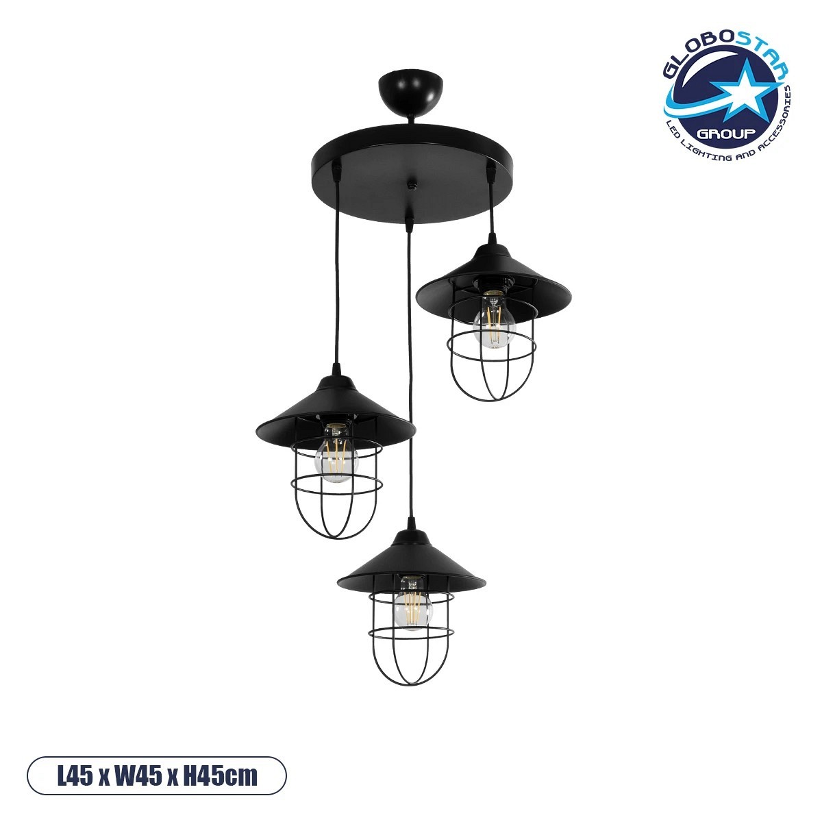 GLOBOSTAR® CAGE 203-0097 Vintage Κρεμαστό Φωτιστικό Οροφής με Ντουί 3 x E27 AC 220-240V IP20 - Μαύρο - Μ45 x Π45 x Υ45cm