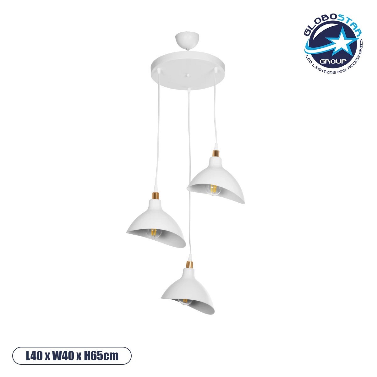 GLOBOSTAR® RIVE 203-0142 Μοντέρνο Κρεμαστό Φωτιστικό Οροφής με Ντουί 3 x E27 AC 220-240V IP20 - Λευκό & Χρυσό - Μ40 x Π40 x Υ65cm