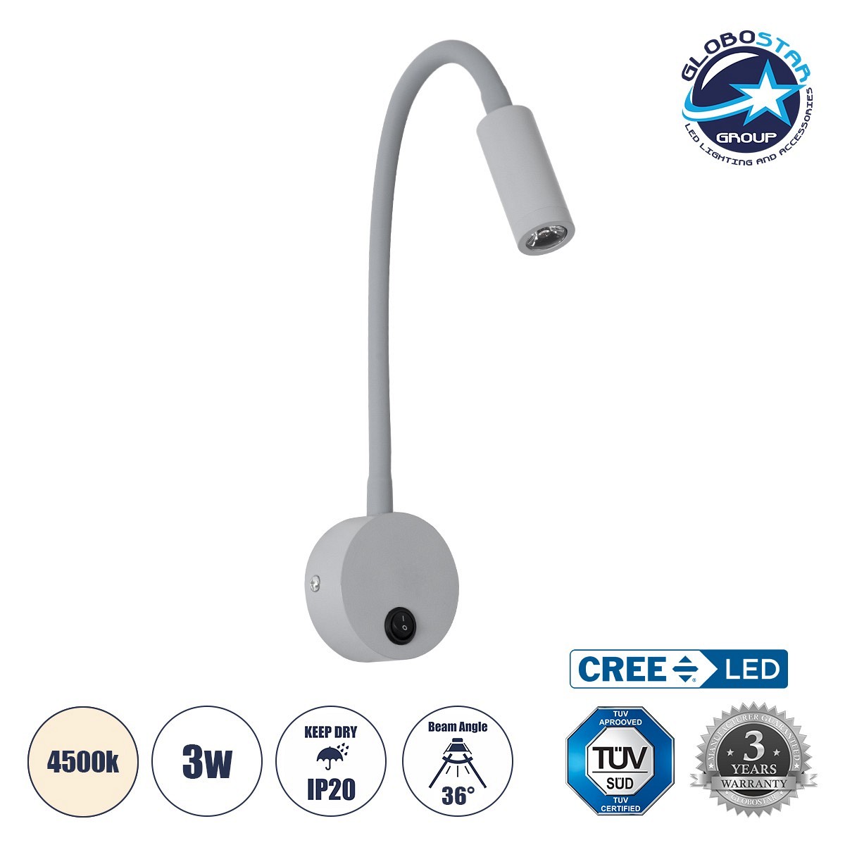 GloboStar® GOOSE 60877 Μοντέρνο Φωτιστικό Τοίχου - Απλίκα Ξενοδοχείου Bed Side LED 3W 300lm 36° AC 220-240V - Reading Light - Μ6.5 x Π15 x Υ24.5cm - Φυσικό Λευκό 4500K - Γκρι Ανθρακί - 3 Xρόνια Εγγύηση