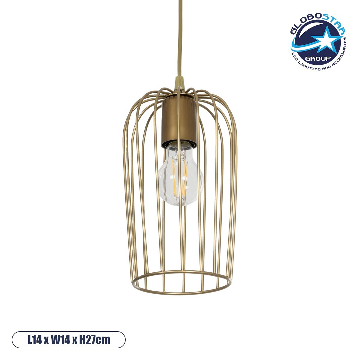 GLOBOSTAR® GLOMIA 201-0085 Vintage Κρεμαστό Φωτιστικό Οροφής με Ντουί 1 x E27 AC 220-240V IP20 - Χρυσό - Μ14 x Π14 x Υ27cm