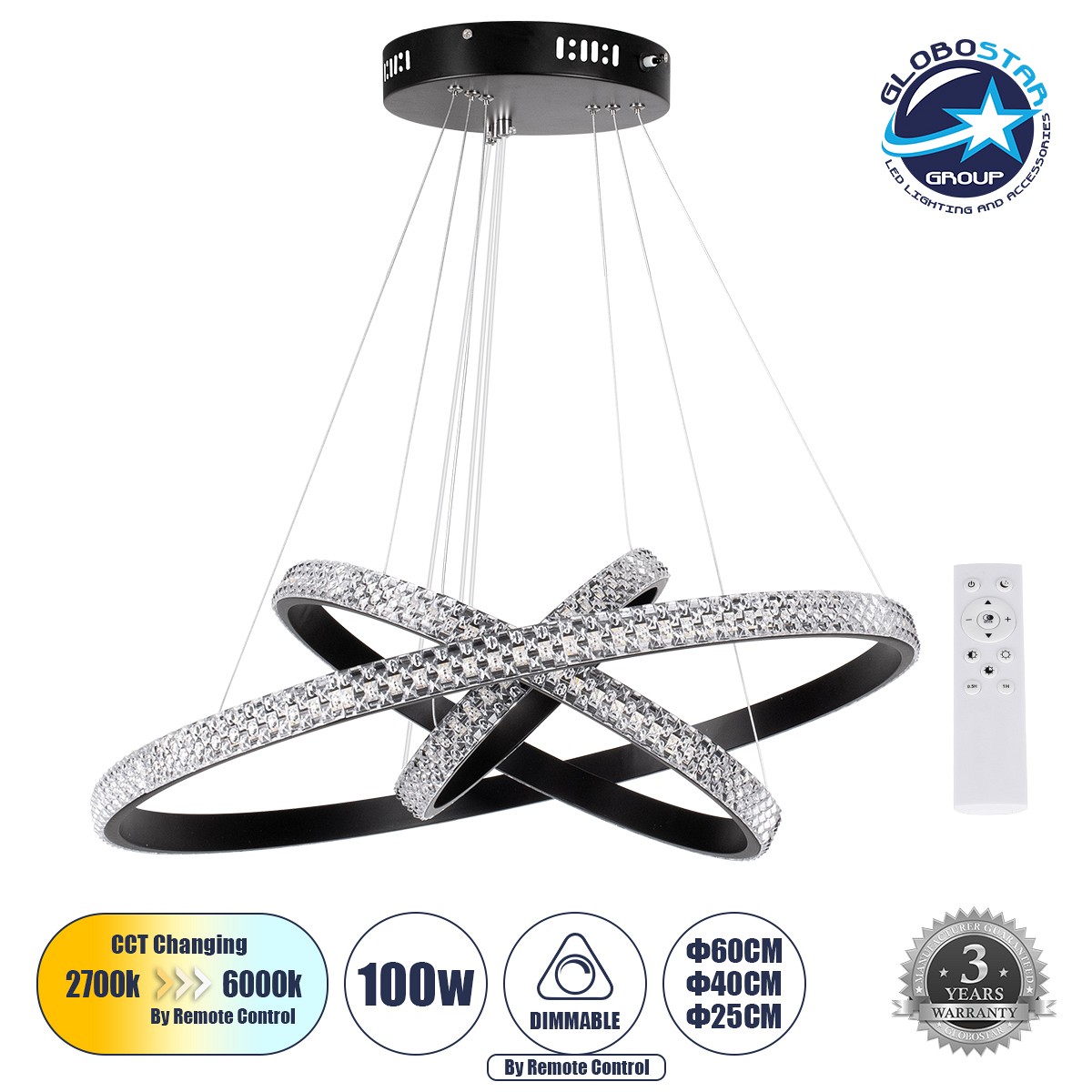 GLOBOSTAR® DIAMOND TRIO 61136-DECO Μοντέρνο Κρεμαστό Φωτιστικό Οροφής LED 100W 12123lm 360° AC 220-240V IP20 Ρυθμιζόμενο Λευκό CCT με Χειριστήριο από 2700K έως 6000K Dimmable - Lumileds SMD Chip - Μαύρο Ματ - Μ60 x Π60 x Υ90cm - 3 Χρόνια Εγγύηση