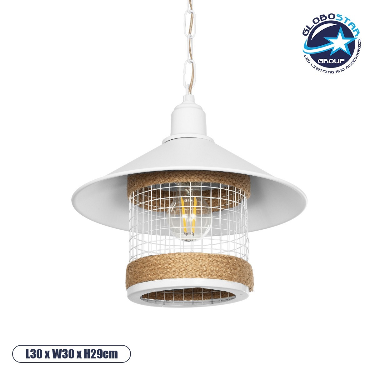 GLOBOSTAR® GLORA 201-0089 Vintage Κρεμαστό Φωτιστικό Οροφής με Ντουί 1 x E27 AC 220-240V IP20 - Λευκο & Μπεζ - Μ30 x Π30 x Υ29cm
