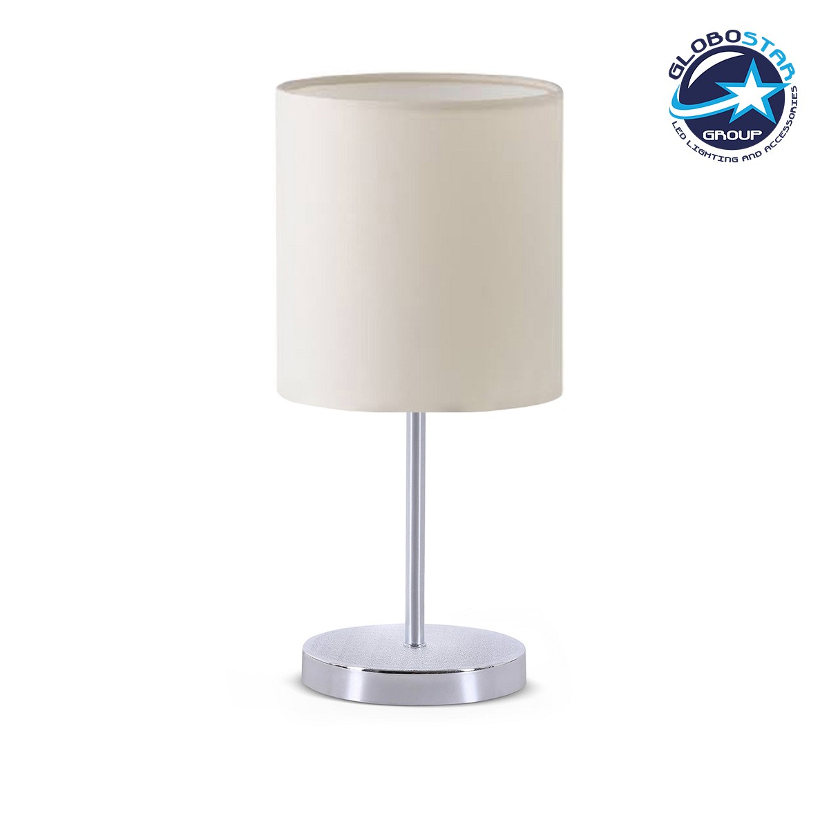 GloboStar® GLOSSY 204-0077 Μοντέρνο Eπιτραπέζιο Φωτιστικό Πορτατίφ Μονόφωτο 1 x E27 IP20 Ασημί Μέταλλο με Μπεζ Ύφασμα - Μ15 x Π15 x Υ39cm