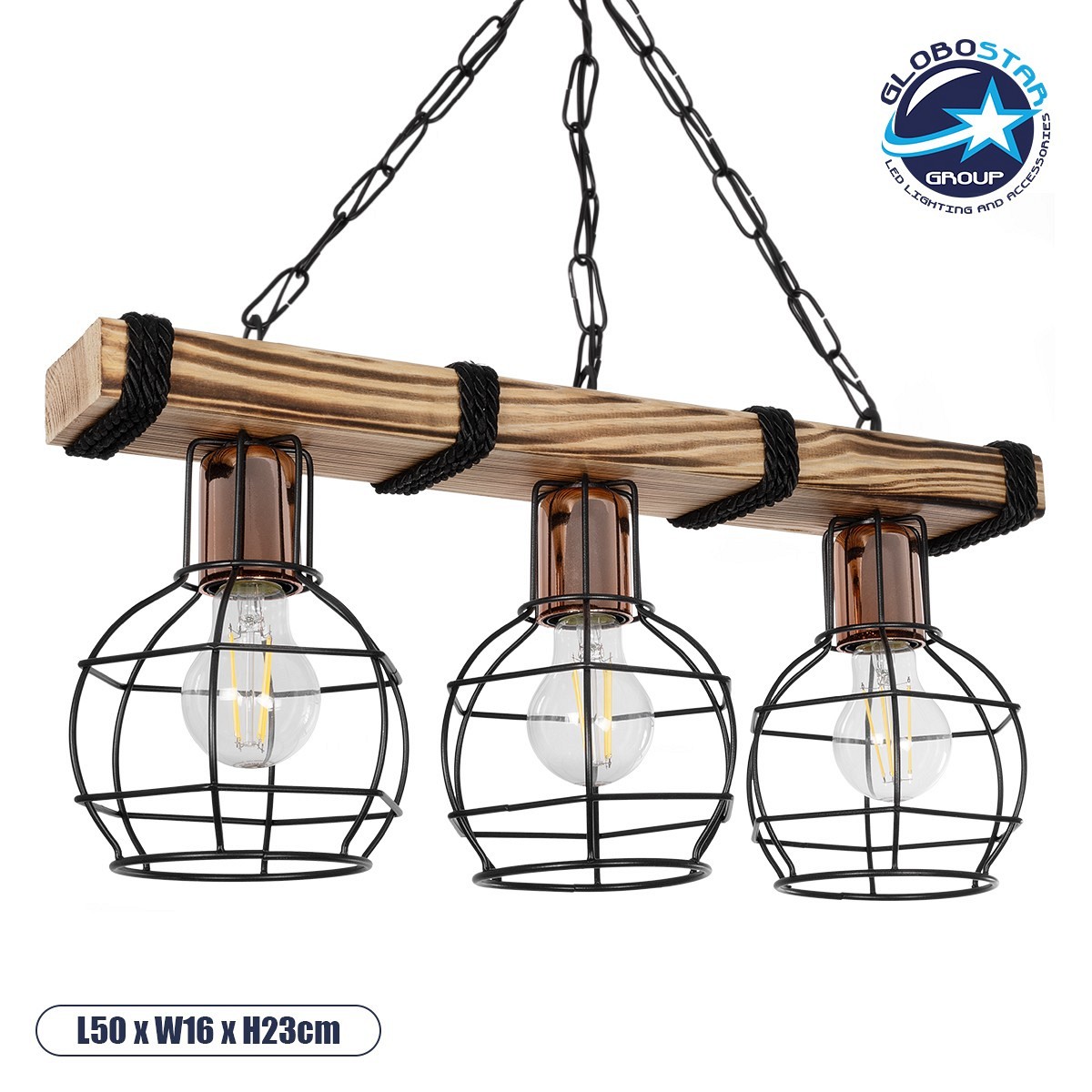 GLOBOSTAR® STARLO 201-0006 Vintage Κρεμαστό Φωτιστικό Οροφής με Ντουί 3 x E27 AC 220-240V IP20 - Μπεζ, Μαύρο & Χάλκινο - Μ50 x Π16 x Υ23cm