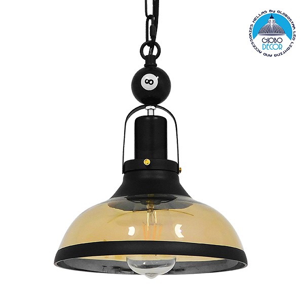 GLOBOSTAR® BILLIARD 00971 Vintage Κρεμαστό Φωτιστικό Οροφής με Ντουί 1 x E27 AC 220-240V IP20 - Mαύρο & Μελί - Μ25 x Π25 x Υ29cm