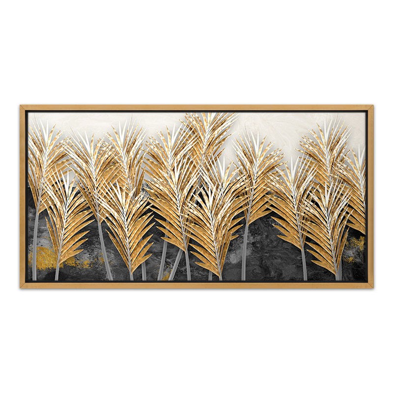 Πίνακας σε καμβά \"Gold Leaves\" Megapap ψηφιακής εκτύπωσης με κορνίζα χρώμα χρυσό 140x70x3εκ.