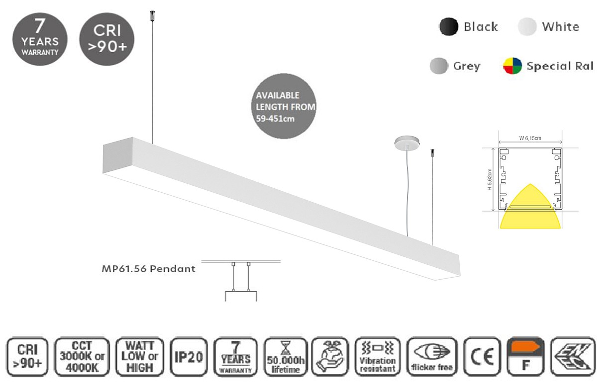 MP61.56P-395-H-3-O-OF-WH Linear Profile Lighting Ceiling 61.5x56mm 395cm