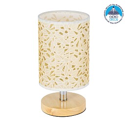 GloboStar® MOSAIC 01262 Κλασικό Επιτραπέζιο Φωτιστικό Πορτατίφ Μονόφωτο 1 x E27 IP20 Μπεζ Ξύλο με Μπεζ & Χρυσό Ύφασμα - Μ14 x Π14 x Υ26cm