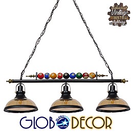 GLOBOSTAR® BILLIARD SERIES 01280 Vintage Κρεμαστό Φωτιστικό Οροφής με Ντουί 3 x E27 AC 220-240V IP20 - Μαύρο & Χρυσό Μελί - Μ96 x Π25 x Υ30cm