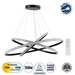 GLOBOSTAR® DIAMOND TRIO 61140-DECO Μοντέρνο Κρεμαστό Φωτιστικό Οροφής LED 150W 18379lm 360° AC 220-240V IP20 Ρυθμιζόμενο Λευκό CCT με Χειριστήριο από 2700K έως 6000K Dimmable - Lumileds SMD Chip - Μαύρο Ματ - Μ60 x Π80 x Υ100cm - 3 Χρόνια Εγγύηση