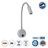 GloboStar® GOOSE 60877 Μοντέρνο Φωτιστικό Τοίχου - Απλίκα Ξενοδοχείου Bed Side LED 3W 300lm 36° AC 220-240V - Reading Light - Μ6.5 x Π15 x Υ24.5cm - Φυσικό Λευκό 4500K - Γκρι Ανθρακί - 3 Xρόνια Εγγύηση