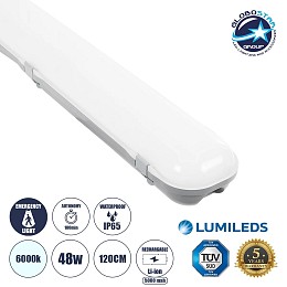 GLOBOSTAR® EMERGANO 60180 120cm Γραμμικό Βιομηχανικό Φωτιστικό Tri-Proof Τεχνολογίας Emergency με Ενσωματωμένη Μπαταρία Li-Ion 3.7V 5000mAH & Αυτονομία 3 Ώρες LED 48W 5760lm 120° AC 220-240V Αδιάβροχο IP65 Ψυχρό Λευκό 6000K - LUMILEDs SMD Chip & TÜV SÜD D