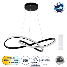 GLOBOSTAR® DEXTER 60913 Μοντέρνο Κρεμαστό Φωτιστικό Οροφής LED 90W 10080lm 300° AC 220-240V IP20 Ρυθμιζόμενο Λευκό CCT με Χειριστήριο από 2700K έως 6000K Dimmable - Lumileds SMD Chip - Μαύρο Ματ - Μ73 x Π73 x Υ16cm - 3 Χρόνια Εγγύηση
