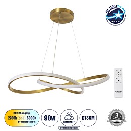GLOBOSTAR® DEXTER 60916 Μοντέρνο Κρεμαστό Φωτιστικό Οροφής LED 90W 10080lm 300° AC 220-240V IP20 Ρυθμιζόμενο Λευκό CCT με Χειριστήριο από 2700K έως 6000K Dimmable - Lumileds SMD Chip - Χρυσό Βούρτσας - Μ73 x Π73 x Υ16cm - 3 Χρόνια Εγγύηση