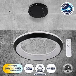 GLOBOSTAR® MELINA 61043 Μοντέρνο Κρεμαστό Φωτιστικό Οροφής LED 55W 6376lm 120° AC 220-240V IP20 Ρυθμιζόμενο Λευκό CCT με Χειριστήριο από 2700K έως 6000K Dimmable - Lumileds SMD Chip - Μαύρο Ματ - Μ48 x Π48 x Υ6.5cm - 3 Χρόνια Εγγύηση