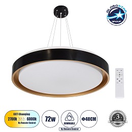 GLOBOSTAR® BARCHETTA 61047 Μοντέρνο Κρεμαστό Φωτιστικό Οροφής LED 72W 8306lm 120° AC 220-240V IP20 Ρυθμιζόμενο Λευκό CCT με Χειριστήριο από 2700K έως 6000K Dimmable - Lumileds SMD Chip - Μαύρο & Χρυσό Ματ - Μ48 x Π48 x Υ8.2cm - 3 Χρόνια Εγγύηση