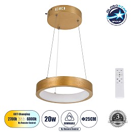 GLOBOSTAR® NEMESIS 61154 Μοντέρνο Κρεμαστό Φωτιστικό Οροφής LED 20W 2356lm 360° AC 220-240V IP20 Ρυθμιζόμενο Λευκό CCT με Χειριστήριο από 2700K έως 6000K Dimmable - Lumileds SMD Chip - Χρυσό Βούρτσας - Μ25 x Π25 x Υ4cm - 3 Χρόνια Εγγύηση