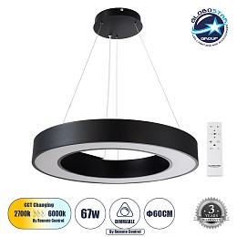 GLOBOSTAR® RA 61194 Μοντέρνο Κρεμαστό Φωτιστικό Οροφής LED 67W 7370lm 120° AC 220-240V IP20 Ρυθμιζόμενο Λευκό CCT με Χειριστήριο από 2700K έως 6000K Dimmable - Lumileds SMD Chip - Μαύρο Ματ - Μ60 x Π80 x Υ8cm - 3 Χρόνια Εγγύηση