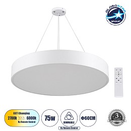 GLOBOSTAR® BURTON 61203-P Μοντέρνο Κρεμαστό Φωτιστικό Οροφής LED 75W 8625lm 120° AC 220-240V IP20 Ρυθμιζόμενο Λευκό CCT με Χειριστήριο από 2700K έως 6000K Dimmable - Lumileds SMD Chip - Λευκό Ματ - Μ60 x Π60 x Υ8cm - 3 Χρόνια Εγγύηση