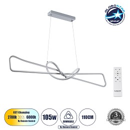 GLOBOSTAR® DOLORES 61281 Μοντέρνο Κρεμαστό Φωτιστικό Οροφής LED 105W 11760lm 300° AC 220-240V IP20 Ρυθμιζόμενο Λευκό CCT με Χειριστήριο από 2700K έως 6000K Dimmable - Lumileds SMD Chip - Νίκελ Βούρτσας - Μ110 x Π17 x Υ17.5cm - 3 Χρόνια Εγγύηση