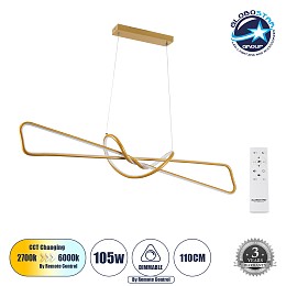 GLOBOSTAR® DOLORES 61282 Μοντέρνο Κρεμαστό Φωτιστικό Οροφής LED 105W 11760lm 300° AC 220-240V IP20 Ρυθμιζόμενο Λευκό CCT με Χειριστήριο από 2700K έως 6000K Dimmable - Lumileds SMD Chip - Χρυσό Βούρτσας - Μ110 x Π17 x Υ17.5cm - 3 Χρόνια Εγγύηση