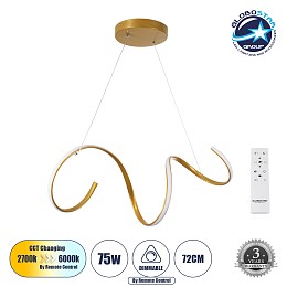 GLOBOSTAR® SPIRALE 61286 Μοντέρνο Κρεμαστό Φωτιστικό Οροφής LED 75W 8400lm 300° AC 220-240V IP20 Ρυθμιζόμενο Λευκό CCT με Χειριστήριο από 2700K έως 6000K Dimmable - Lumileds SMD Chip - Χρυσό Βούρτσας - Μ72 x Π25 x Υ30cm - 3 Χρόνια Εγγύηση