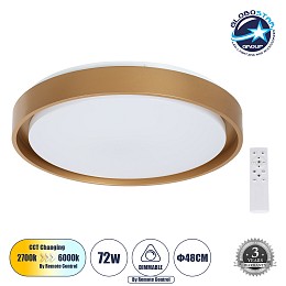 GLOBOSTAR® BARCHETTA 61399-S Μοντέρνο Φωτιστικό Οροφής LED 72W 8306lm 120° AC 220-240V IP20 Ρυθμιζόμενο Λευκό CCT με Χειριστήριο από 2700K έως 6000K Dimmable - Lumileds SMD Chip - Χρυσό - Μ48 x Π48 x Υ8.2cm - 3 Χρόνια Εγγύηση
