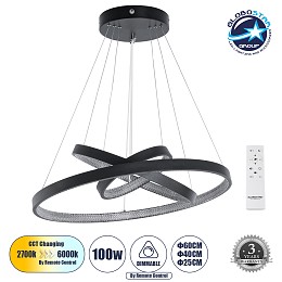 GLOBOSTAR® DIAMOND TRIO 61523-DECO Μοντέρνο Κρεμαστό Φωτιστικό Οροφής LED 100W 11200lm 360° AC 220-240V IP20 Ρυθμιζόμενο Λευκό CCT με Χειριστήριο από 2700K έως 6000K Dimmable - Lumileds SMD Chip - Μαύρο Ματ - Μ60 x Π60 x Υ90cm - 3 Χρόνια Εγγύηση