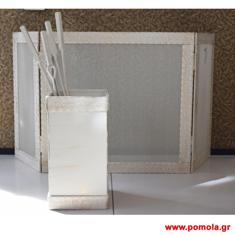 201 Καλυψη τζακιου κρεμ χρυσο με εργαλεια