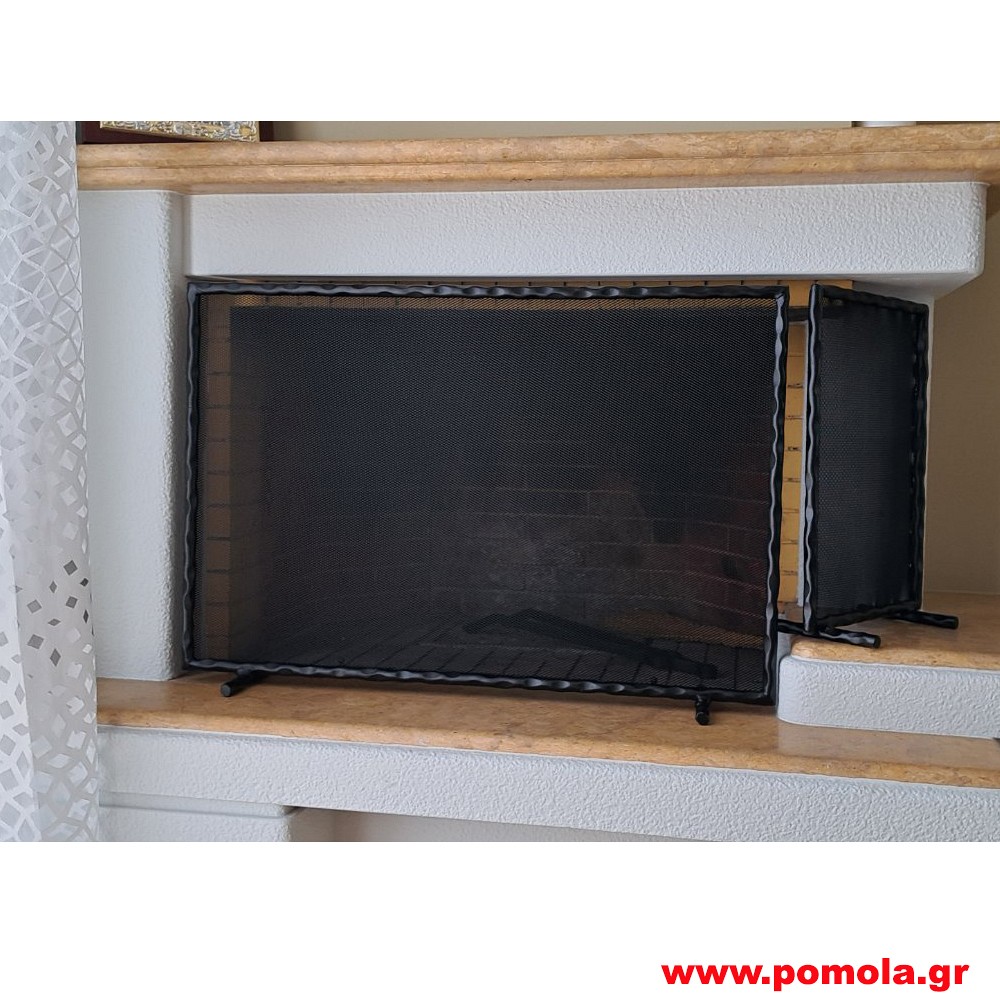 213 Κάλυψη τζακιού απο μασίφ σφυρίλατη βέργα σε οψη ξύλου τριανταφυλλιάς