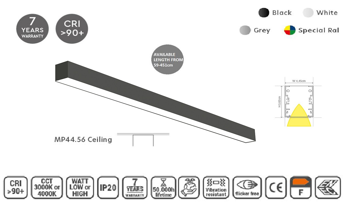 MP44.56C-171-H-3-O-OF-BL Linear Profile Lighting Ceiling 44.5x56mm 171cm