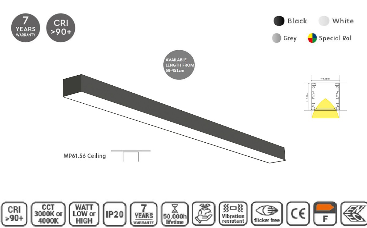 MP61.56C-115-S-3-O-OF-BL Linear Profile Lighting Ceiling 61.5x56mm 115cm