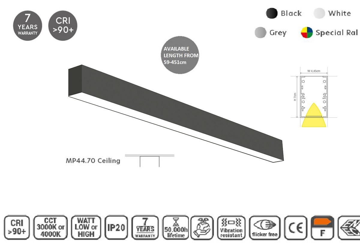 MP44.70C-115-H-3-O-OF-BL Linear Profile Lighting Ceiling 44.5x70mm 115cm