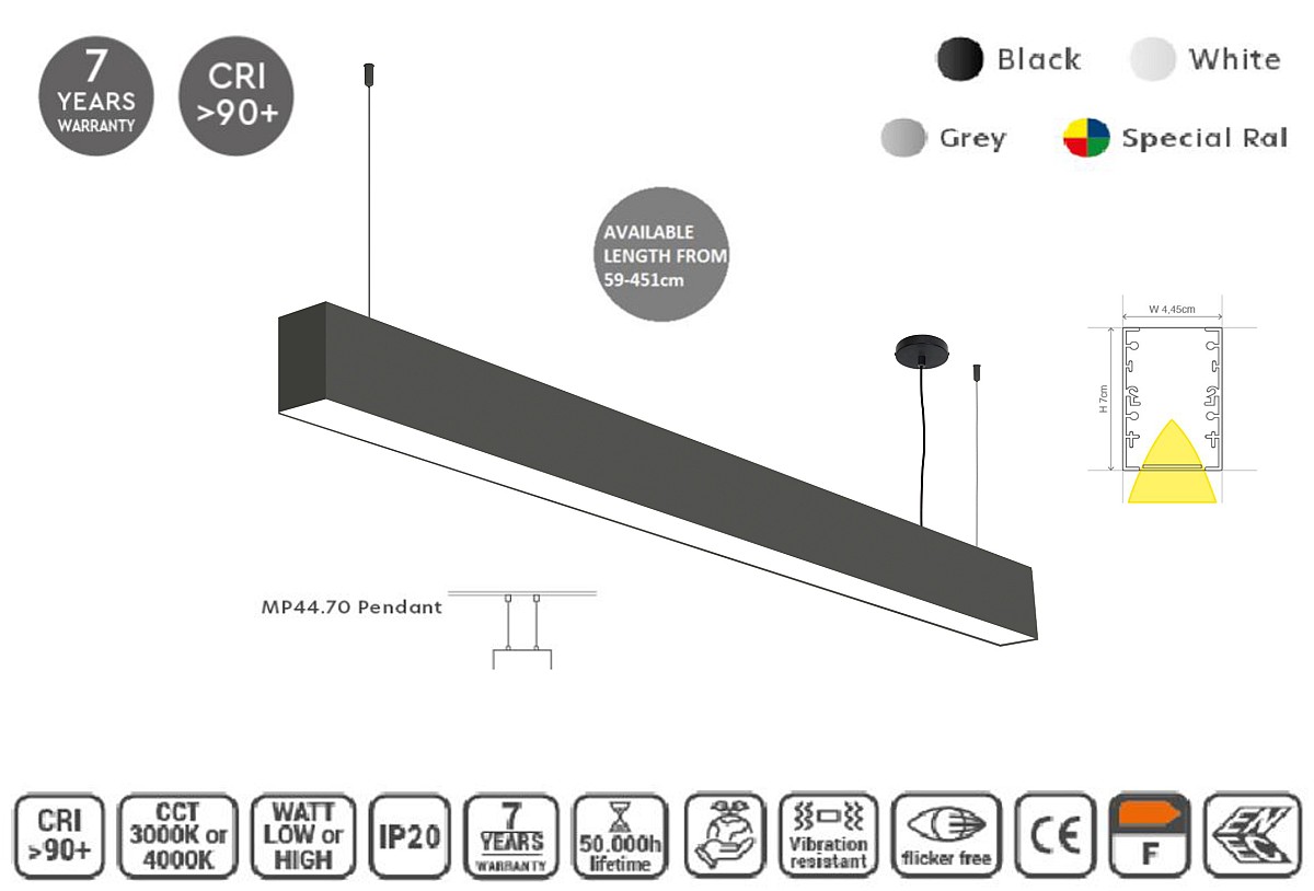 MP44.70C-227-S-3-O-OF-BL Linear Profile Lighting Ceiling 44.5x70mm 227cm