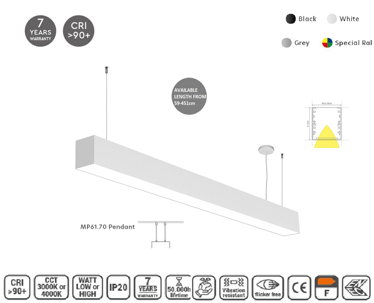 MP61.70P-283-H-3-O-OF-WH Linear Profile Lighting Ceiling 61.5x70mm 283cm