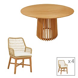 Τραπεζαρία Elaiza-Kenda pakoworld σετ 5τεμ teak ξύλο σε φυσική-μπεζ απόχρωση Φ120x75εκ