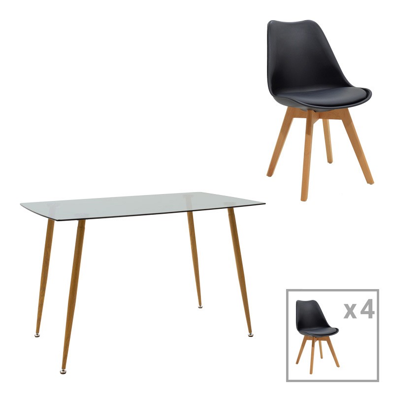 Τραπεζαρία Chloe -Gaston pakoworld σετ 5τεμ γυάλινο 8χιλ ανθρακί - πόδι φυσικό 120x70x75εκ