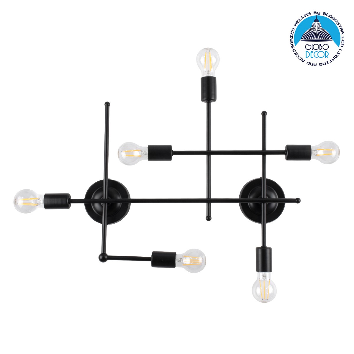 GloboStar® PIPING 00664 Vintage Επιτοίχιο Φωτιστικό Πολύφωτο 6 x E27 IP20 Μαύρο Μέταλλο - Μ66 x Π9.5 x Υ49cm