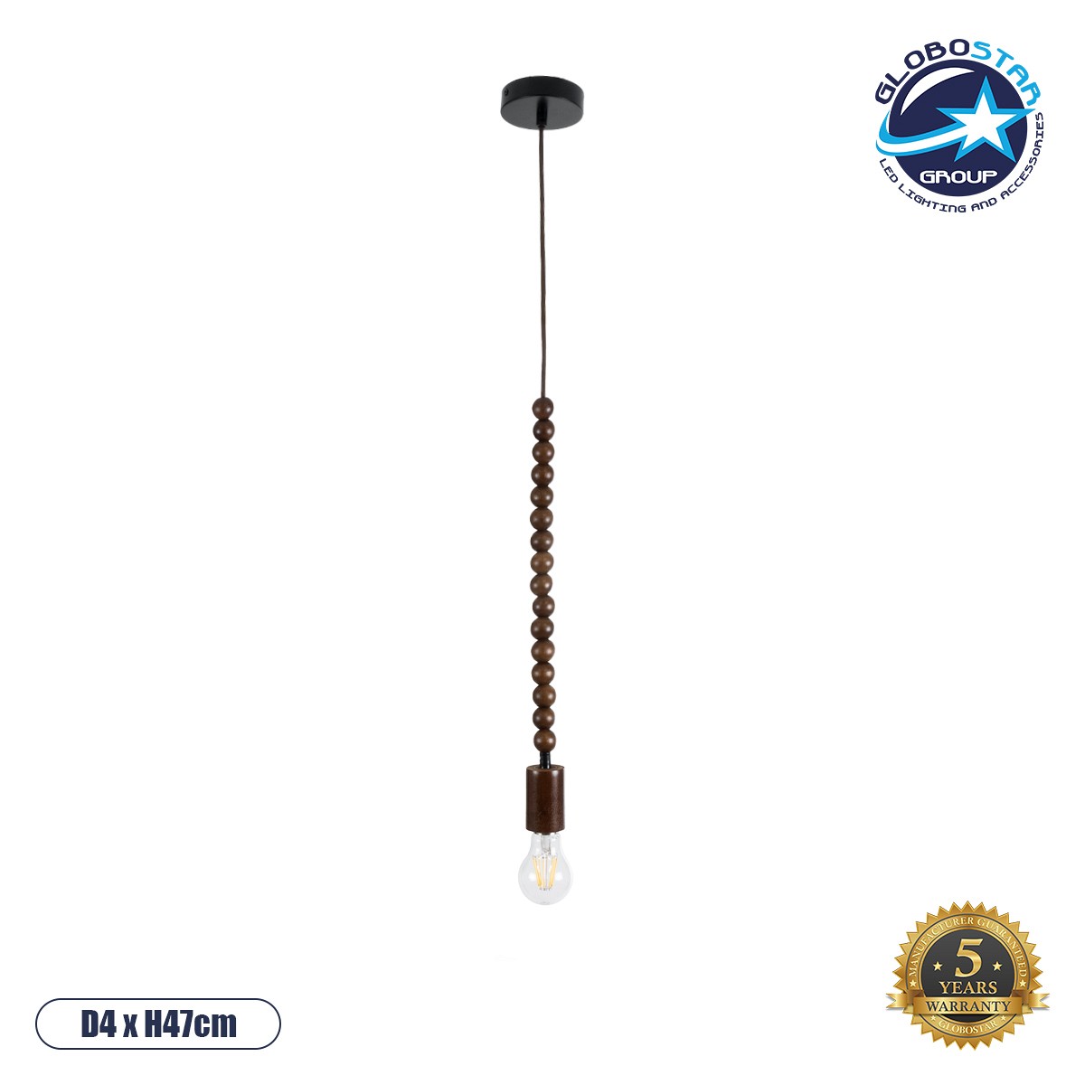 GLOBOSTAR® BEADS 00694 Vintage Κρεμαστό Φωτιστικό Οροφής με Ντουί 1 x E27 AC 220-240V IP20 - Καφέ - Μ4 x Π4 x Υ47cm