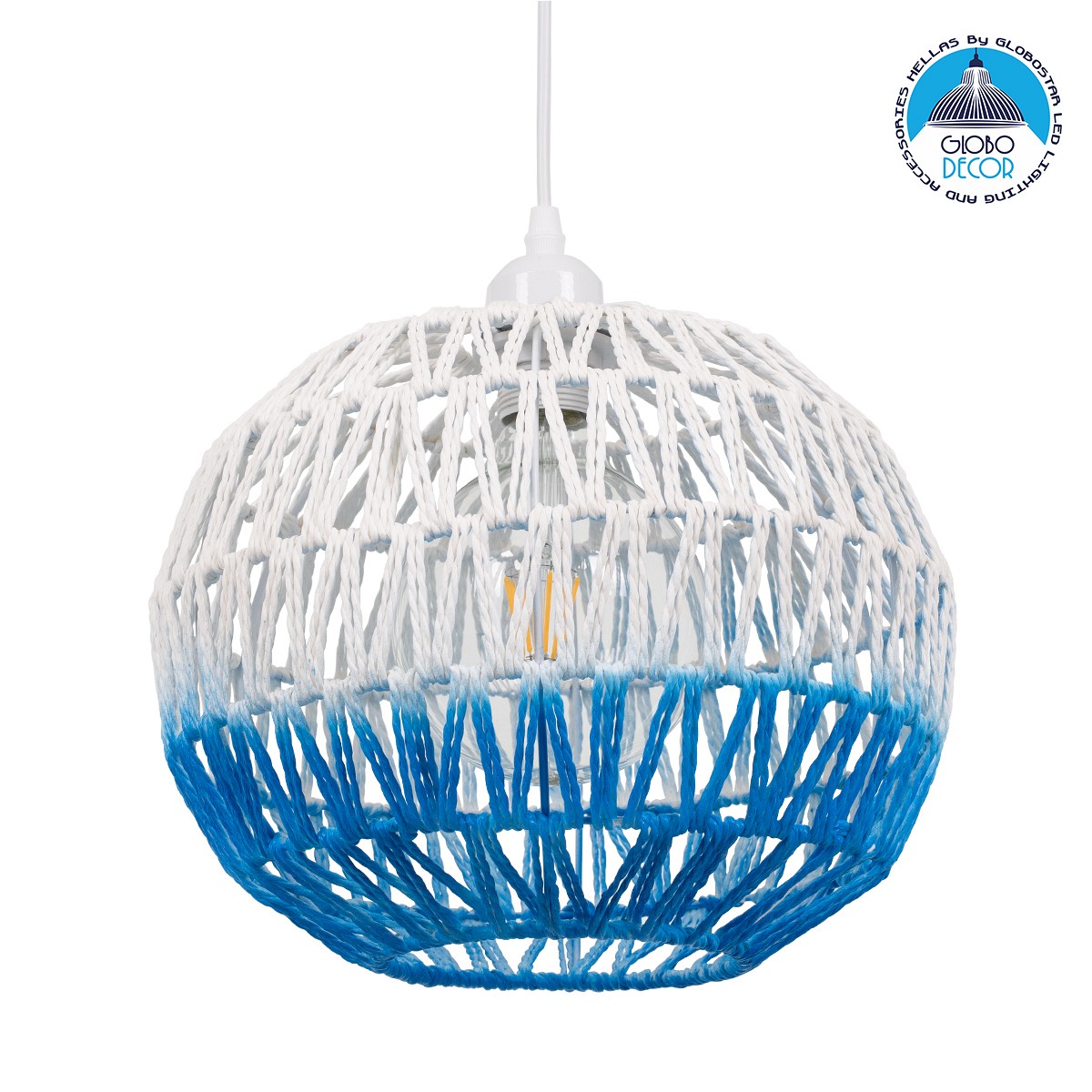 GLOBOSTAR® SANTOR 00728 Boho Κρεμαστό Φωτιστικό Οροφής με Ντουί 1 x E27 AC 220-240V IP20 - Λευκό & Μπλε - Μ30 x Π30 x Υ30cm