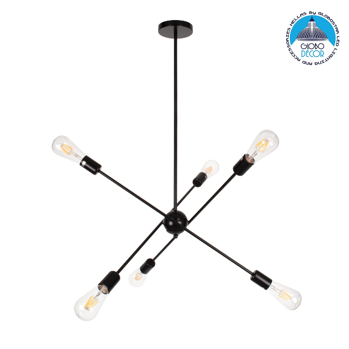 GLOBOSTAR® ZANE 00784 Μοντέρνο Φωτιστικό Οροφής με Ντουί 6 x E27 AC 220-240V IP20 - Μαύρο - Μ70 x Π70 x Υ100cm