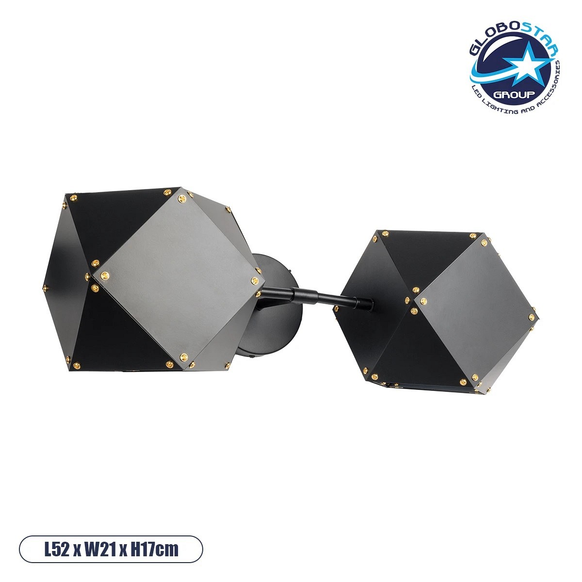 GloboStar® WELLES 00795 Μοντέρνο Επιτοίχιο Φωτιστικό Απλίκα Δίφωτο 2 x E14 IP20 Μαύρο & Χρυσό Μέταλλο - Μ52 x Π21 x Υ17cm