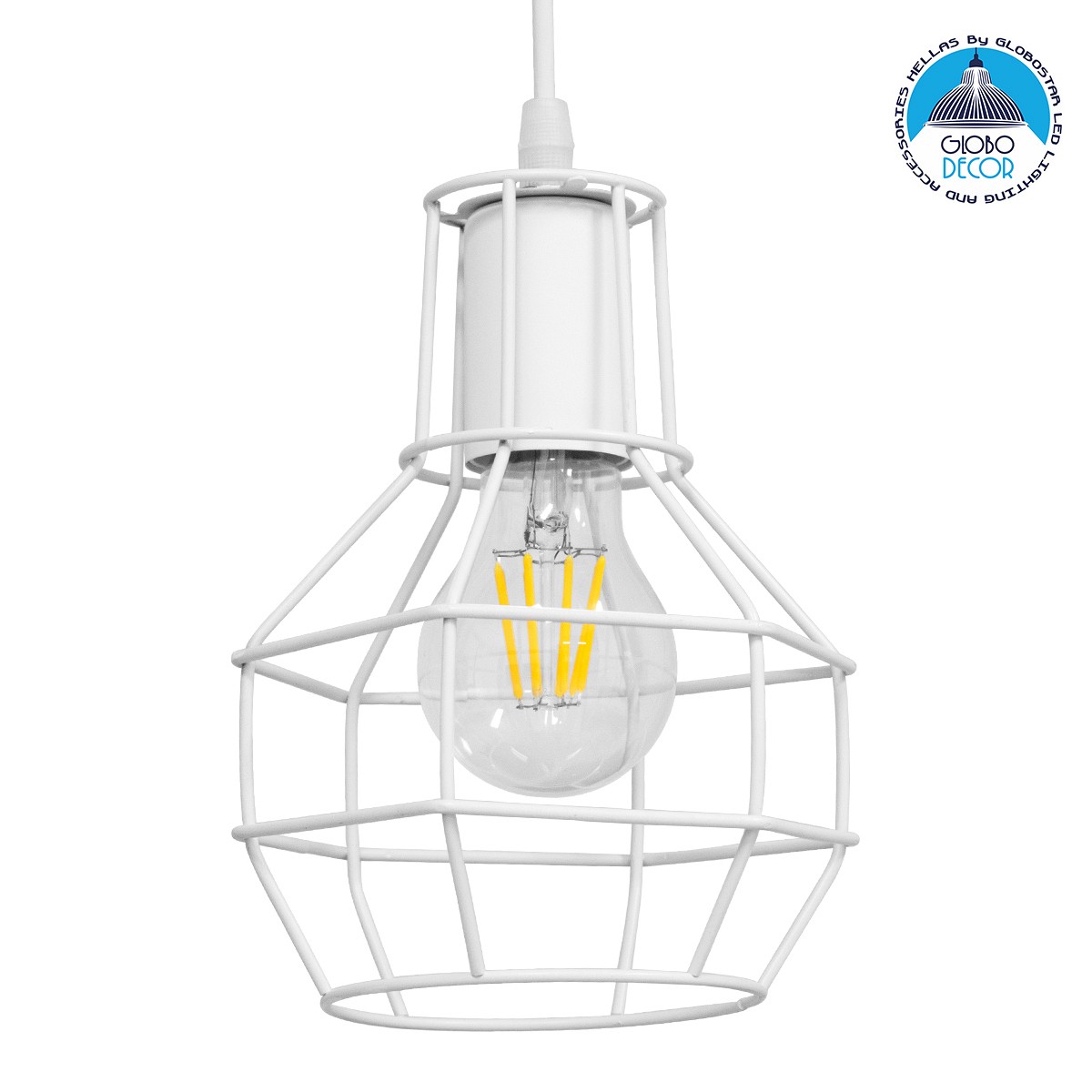 GLOBOSTAR® CAGE 00867 Vintage Κρεμαστό Φωτιστικό Οροφής με Ντουί 1 x E27 AC 220-240V IP20 - Λευκό - Μ15 x Π15 x Υ22cm