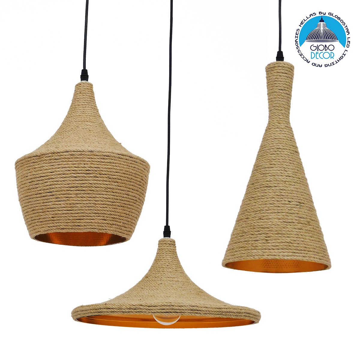 GLOBOSTAR® SHANGHAI ROPE 00875 Μοντέρνo Κρεμαστό Φωτιστικό Οροφής με Ντουί 3 x E27 AC 220-240V IP20 - Μπεζ & Χρυσό - Μ81 x Π81 x Υ39cm - Σετ 3 Τεμαχίων